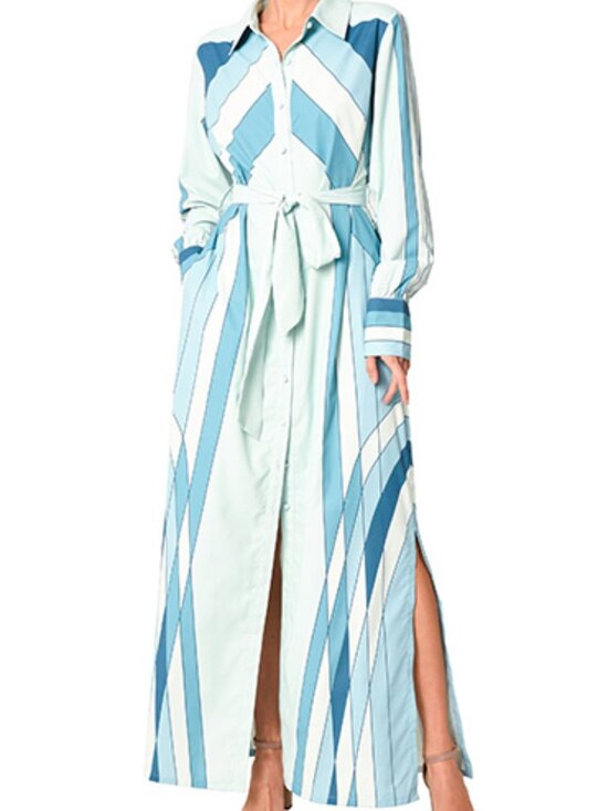 Dresses & Skirts - Ciebon Green & Blue Geometric Maxi Shirt Dress 🌊 | Belted Button Front (M) NWT